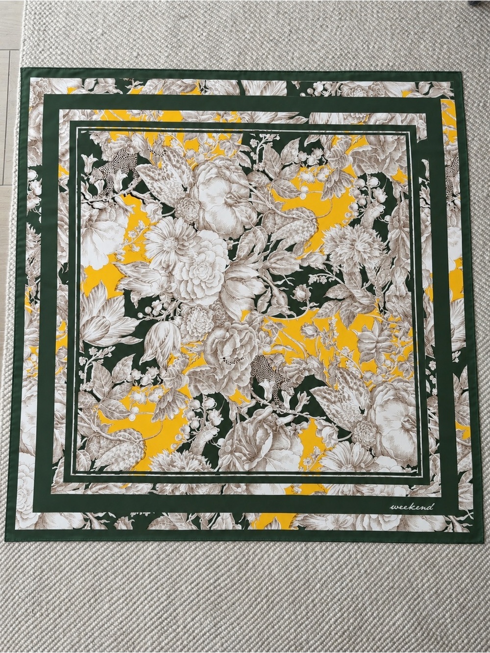 100% silk Floral Scarf with Dark Green & Yellow